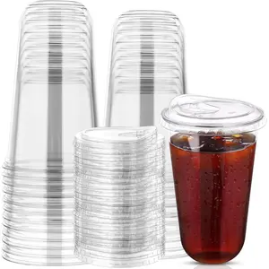 50 Sets Disposable Stemless Glasses With Strawless Sip ,PET Drinking Cups,Clear Plastic Coffee Cups for Iced Coffee, Smoothie, Cold Beverage, Drink Shop and Christmas Party  (Clear, 20 oz)