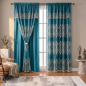 2 Pcs 52x84 inch Geometric Diamond Embroidery Doli Curtains, Double Layer with Waterfall Valance & Rod Pocket, Decorative Textile Accessory for Living Rooms, Bedrooms, QF18 Summer Home Use holiday decoration luxury decor various european style