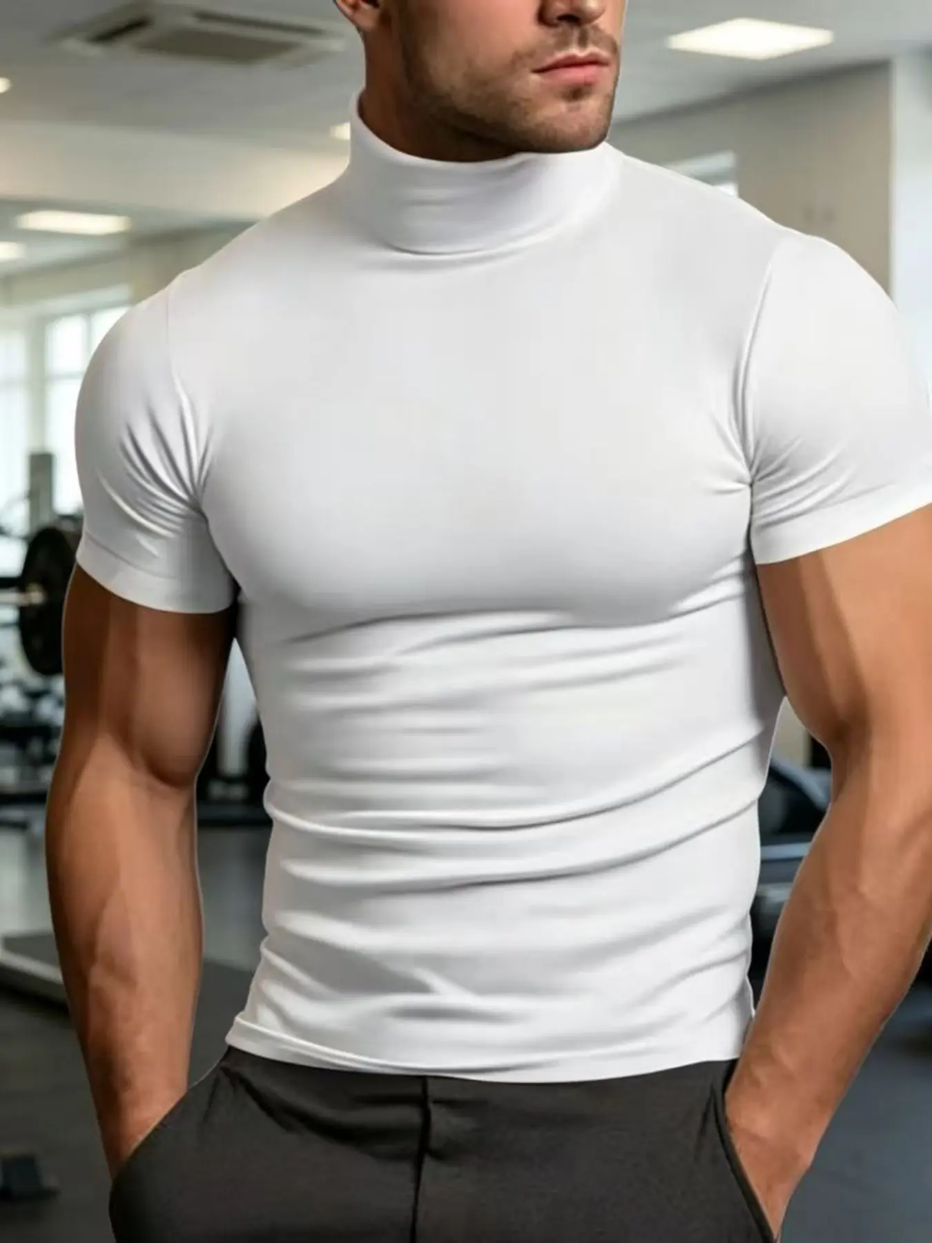 Men's Fashion Summer Plain Solid Color Short Sleeve Fitted T Shirt with High Neck, Slim Fit Basic Menswear T Shirt for Casual and Daily Wear, 2026 Male Clothing, Top