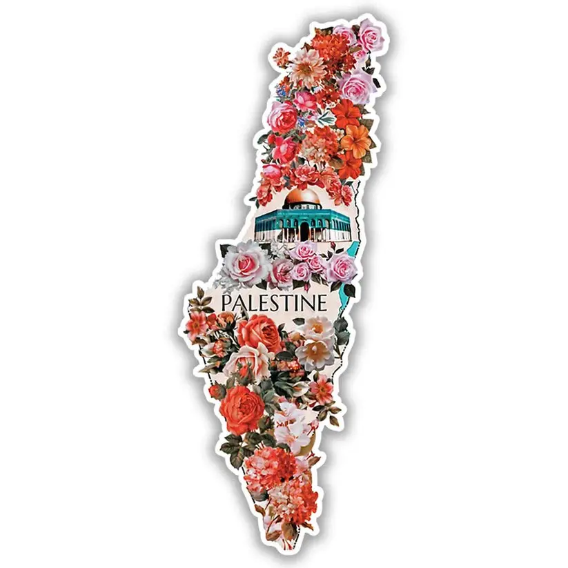 Palestine Map Floral Sticker, Elegant Flower Map Design, Peace Symbol Vinyl Decal, Laptop Water Bottle Phone Decoration, Cultural Heritage Art Gift