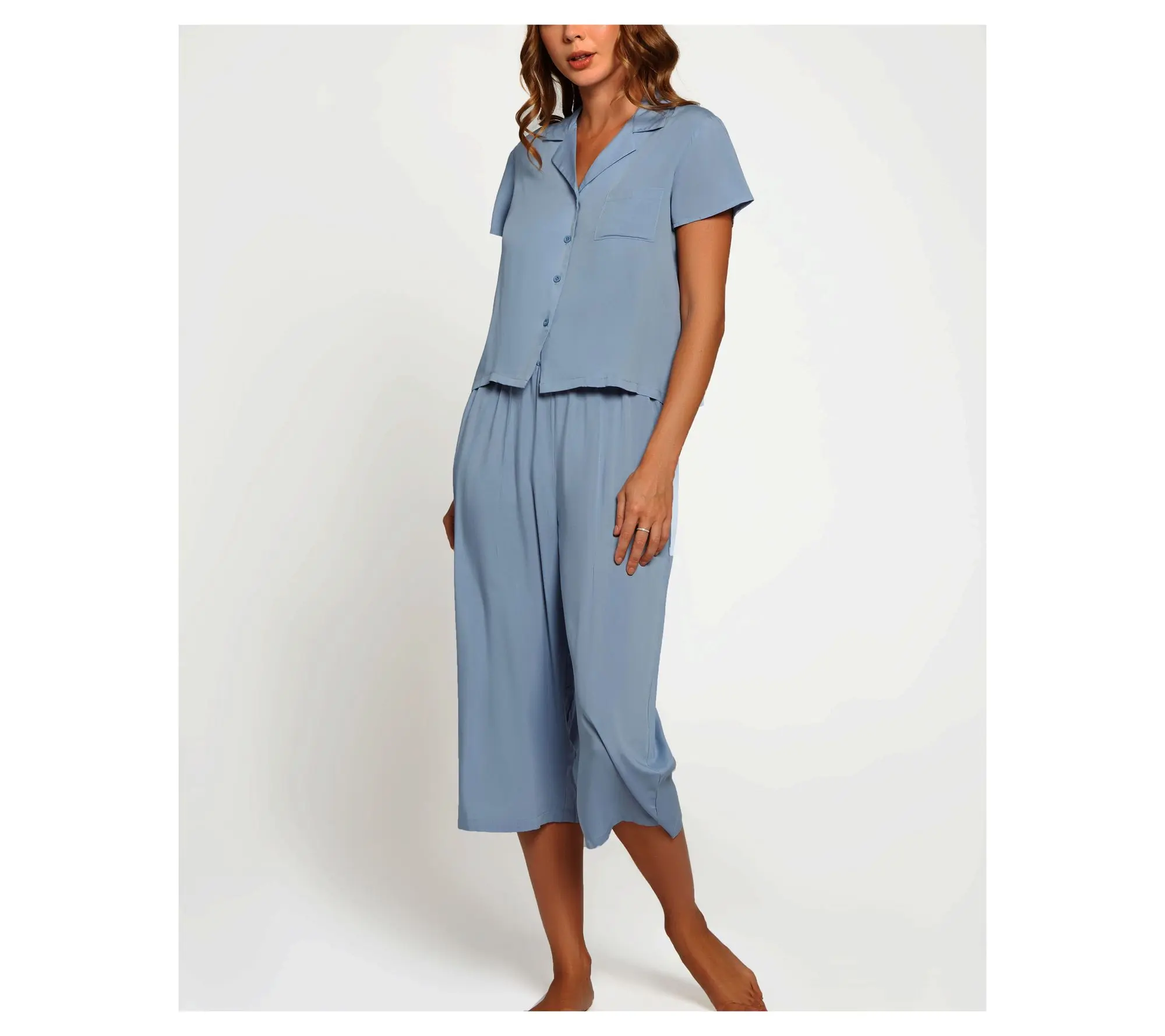 iCollection Soft Top and Pleated Wide Leg Capri Pajama Set