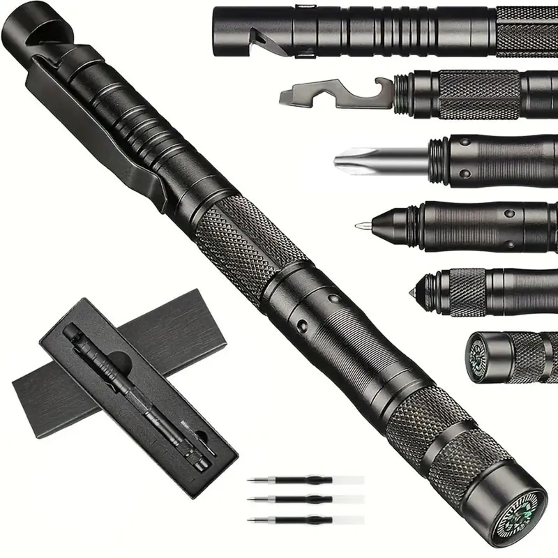 9-in-1 Tactical Pen, Portable, Durable, Emergency Preparedness, Survival Tools, Survival Gear, Survival Equipment, Gifts for Men Dad, Cool Gadgets for Men, Screwdriver Multi-Tool, Multifunctional Tool, Compass, Bottle Opener, Whistle, Ink Refills