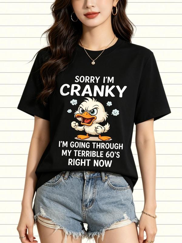 Women's Fitted Cut Humor Print Cropped T-Shirt - "Sorry I'm Cranky... Terrible 60s" Duck Graphic, Soft Cotton Basic Top, Short Sleeves Crew Neck Lightweight, Casual Streetwear for 2-3 Occasions (Thanksgiving, Valentines Day) Heat Transfer