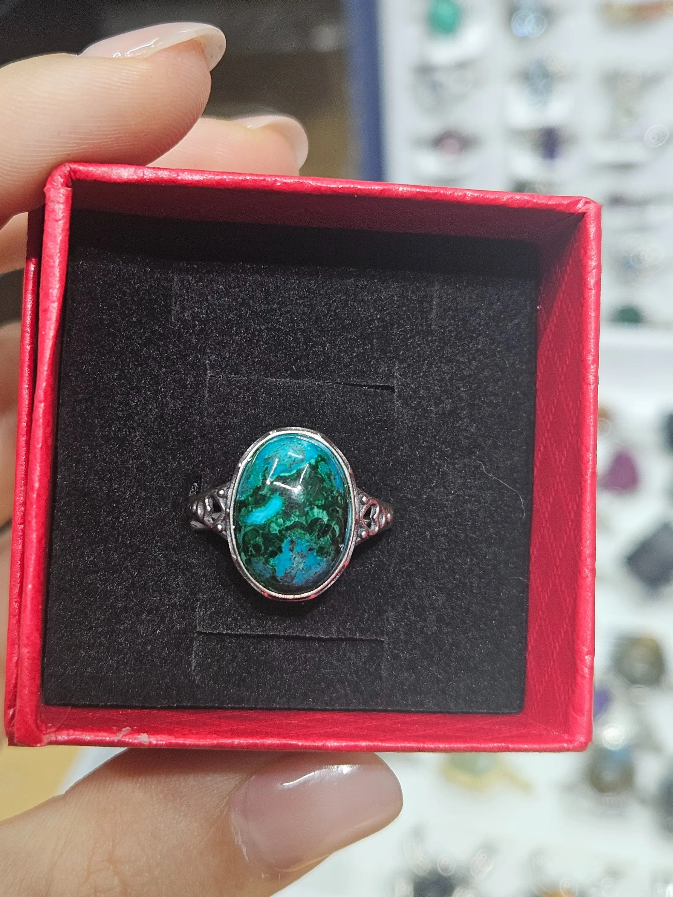 Jody(14339)gc.Chrysocolla vintage 925 silver ring, unique teal natural patterns stand out