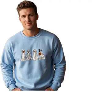 Ghost Dogs embroidered sweatshirt; Halloween embroidered crewneck; Spooky season casual sweaters Casual Plain Hoodie Long Sleeve
