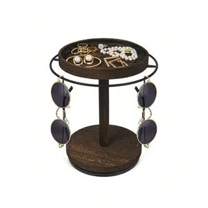 1pc Sunglasses Organizer 360° Rotating Eyeglass Holder Stand With Wood Tray And Base,Glasses Holder,Eye Glass Display Rack For Multiple Sunglass Storage For Table Dresser Desk Bedroom Nightstand