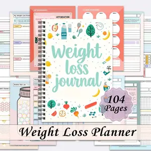 1 A weight loss spiral notebook, used as a log for achieving health goals - a fitness, nutrition and exercise tracker, a body measurement and weight loss record book, with health lifestyle icons (fruits, exercise equipment, health elements)