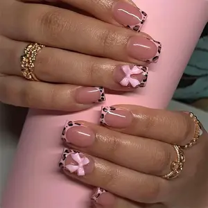 24Pcs Leopard French Tip Press on Nails Short Square Fake Nails Pink Glossy Bow Designs Full Cover Nude Glue on Nails Cute False Nail Stick on Nail for Women Girls Medium Manicure Decorations
