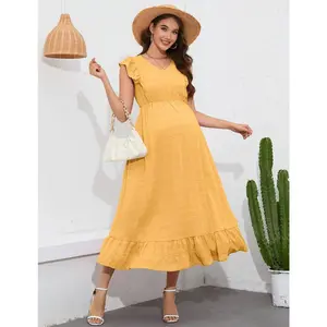 Maternity Dress Summer Ruffle Cap Sleeveless V Neck Maxi Dress Baby Shower Photoshoot Yellow L