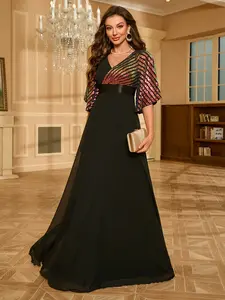 Elegant V-Neck Sequined Chiffon Dress, Waist-Cinching A-Line Gown, Perfect for Evening Parties and Formal Events