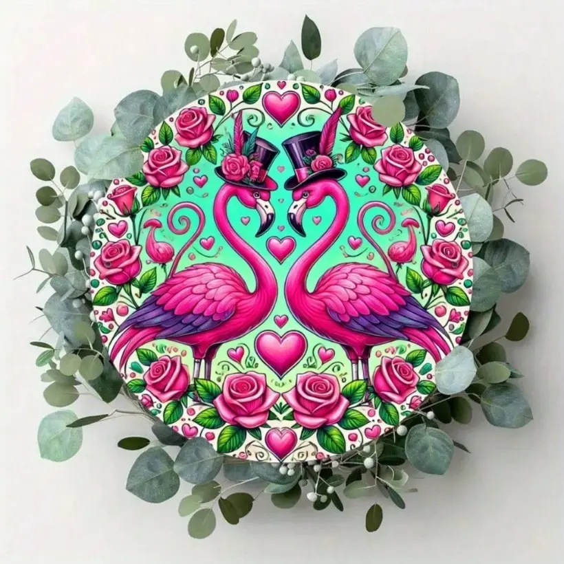 Vintage Aluminum Flamingo Heart Wall Art 8x8 Inch Home Decor Plaque for Garden Bedroom Living Room Indoor Outdoor Wall Decorations