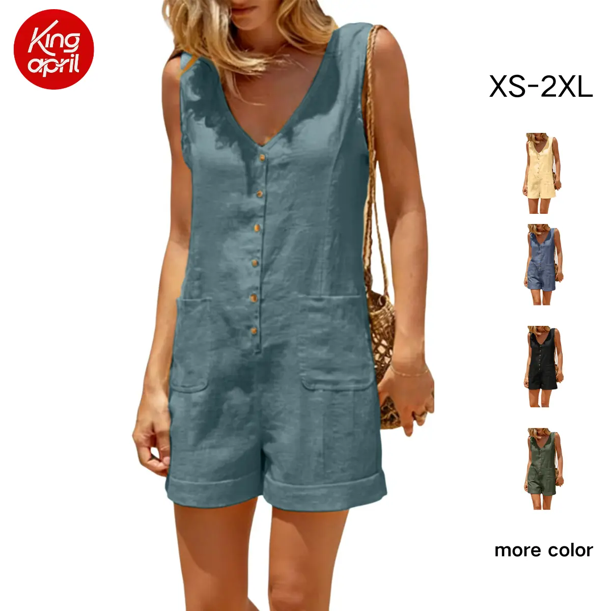 Kingapril SummerVibes Women Cotton Linen Romper Sleeveless V Neck Button Down Wide Leg Short Overalls Casual One Piece with Pockets