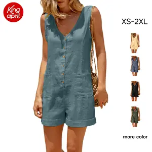 Kingapril SummerVibes Women Cotton Linen Romper Sleeveless V Neck Button Down Wide Leg Short Overalls Casual One Piece with Pockets