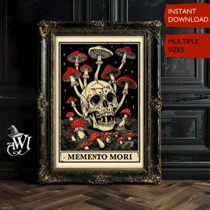 Memento Mori Tarot Card Print Mushroom Artwork Earthy Boho Celestial Poster Vintage Folk Art Mystical Art Philosophy Poster, Room Decor, Unframed