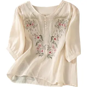 shirts women Floral Embroidered Tops Cotton Linen Shirts Boho Ethnic Style Peasant Tee Women 3/4 Sleeve V Neck Button Tunic Tshirt Blouses Womenswear