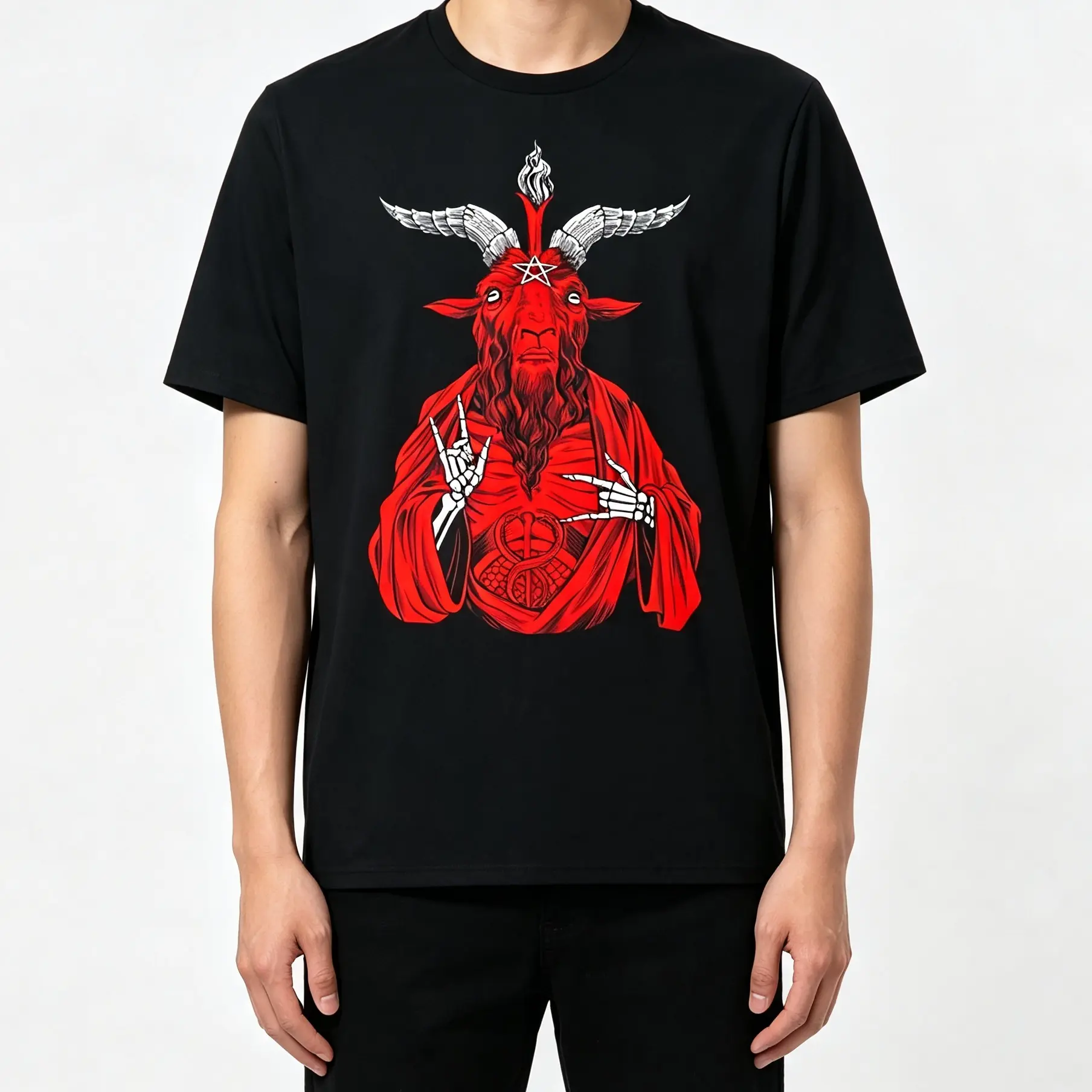 Men's 100% Cotton Round Neck Short-Sleeve AntiChrist Goat Satan Baphomet Printed T-Shirt, Fashion Menswear Fitness Casual Versatile Inner Wear Clothes Long