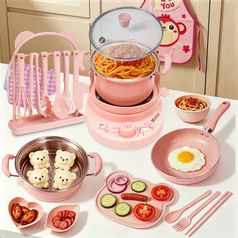 Cicicooie Kids Cooking Sets Real Mini Kitchen, Pink Cooking Set for Kids Ages 8-12, Safe Food Making Montessori Toys with Dishes & Knife Set