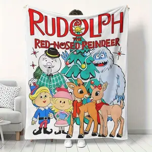 Rudolph Reindeer Festival themed print fleece blanket - soft and warm, all-season comfort, suitable for sofa, bed, camping, lightweight and durable