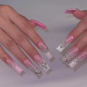 French Tip, Cross Rhinestone Design, Press On Nails 24 Piece Set, Wear in 3 Minutes