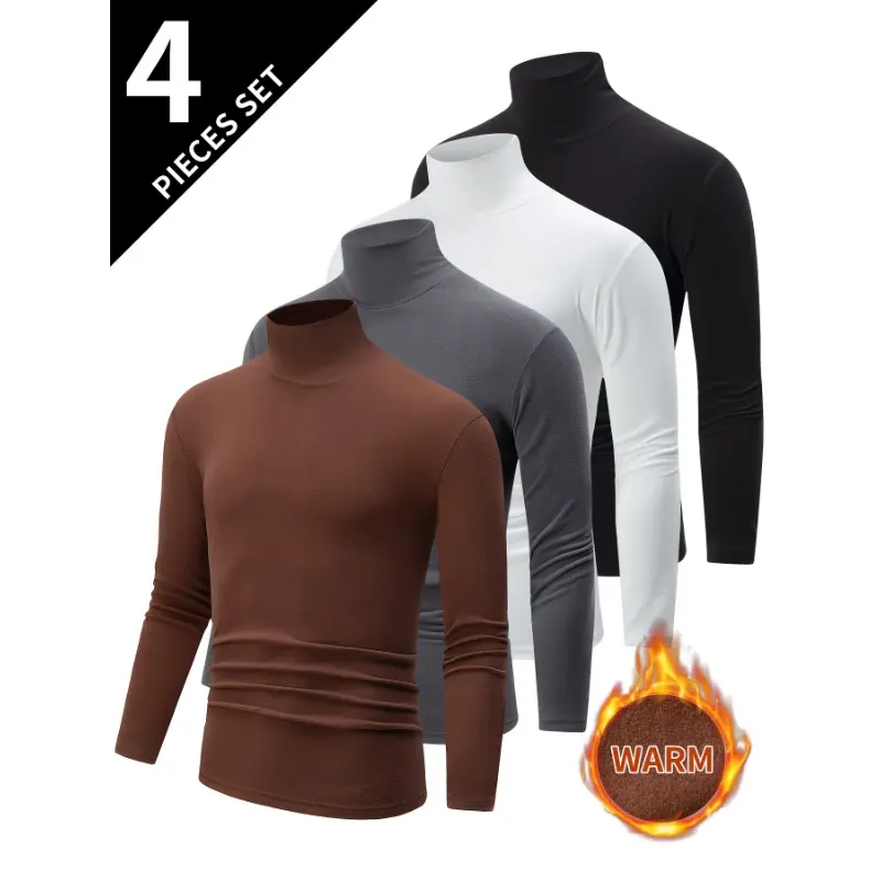 4pcs Men's Thermal Turtleneck Long Sleeve Shirts - Heavy-Duty Winter Layering Slim-Fit Base Layer Sweaters, Reversible Collar (Black/White/Navy/Dark Grey) Hand Washable Casual & Formal Wear for Cold Weather