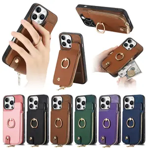 Full Coverage Phone Case for iPhone 13-17 Pro Max/pro/plus, Ring Holder Stand, Upper and Lower Bracket, Solid Color, Card Slot, Protective Cover