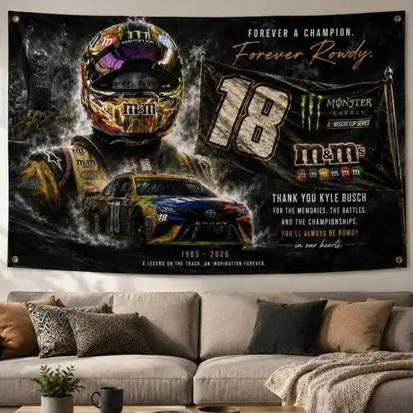 Kyle Busch Forever Rowdy Memorial Racing Flag  Banner Nascar Fan Wall Decor Black Gold Racing Legend Flag Retirement Gift for Motorsport Fans