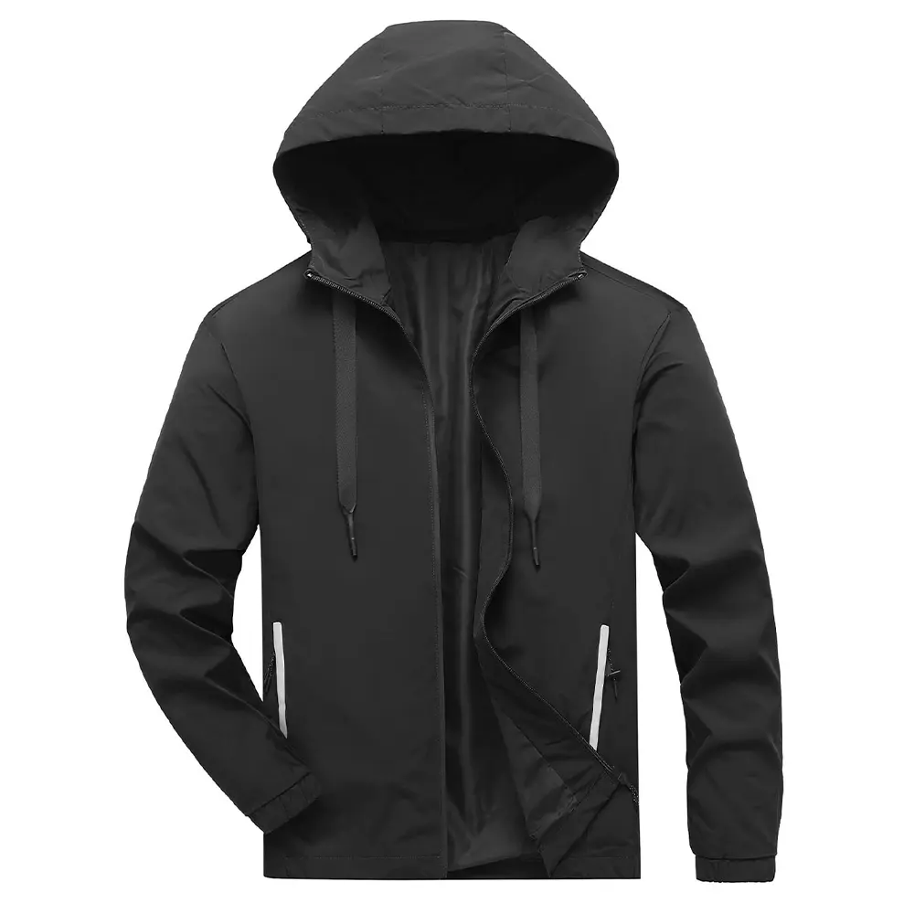 Men's Lightweight Stylish Hooded Windbreaker Jacket - Water Resistant, Full-Zip, Longsleeves Casual Coat with Reflective Zipper Pockets for Outdoor Hiking, Daily Wear