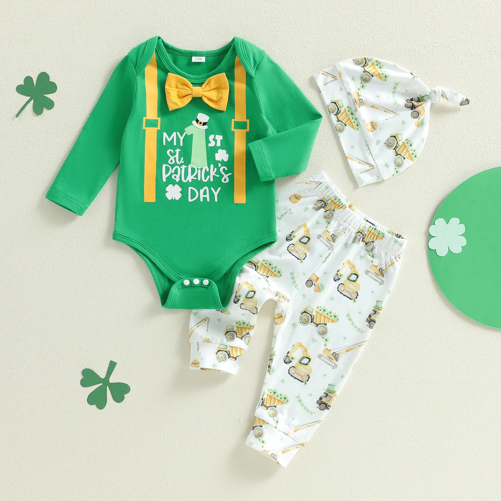 Infant Baby Boy St. Patrick's Day Clothing Sets Long Sleeve Shamrock Printed Romper with Pants Hat Outfits 0-18 Months
