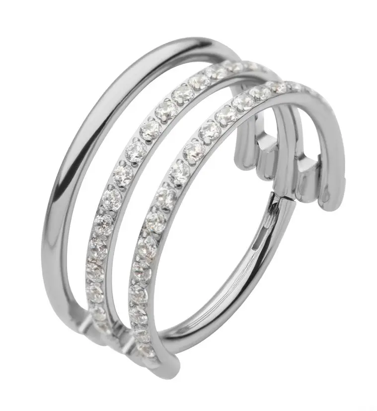 Titanium Hinged Segment Ring, Triple Interval Design, Double CZ Row, Stacked Titanium Rings for Body Jewelry, Stacked Rings