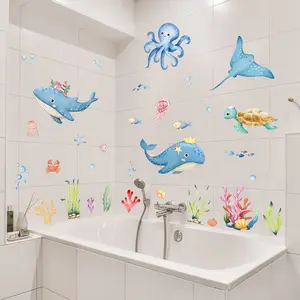 A set of 2 (30*60cm*2pcs) Underwater World Shark, Jellyfish and Turtle Bathroom Toilet Decorative Stickers, Bathroom Bathtub Decals, Bathtub Appliques, Washbasin Home Decor Wall Stickers, Bathroom Decorations