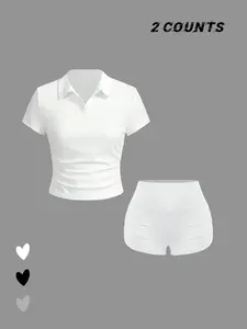 Women's Solid Basic V Neck Collared Crop Tee & Elastic High Waist Shorts Set, Casual Short Sleeve T-shirt & Skinny Shorts, Summer Outfits Clothes Set for Ladies Outdoor, Womenswear