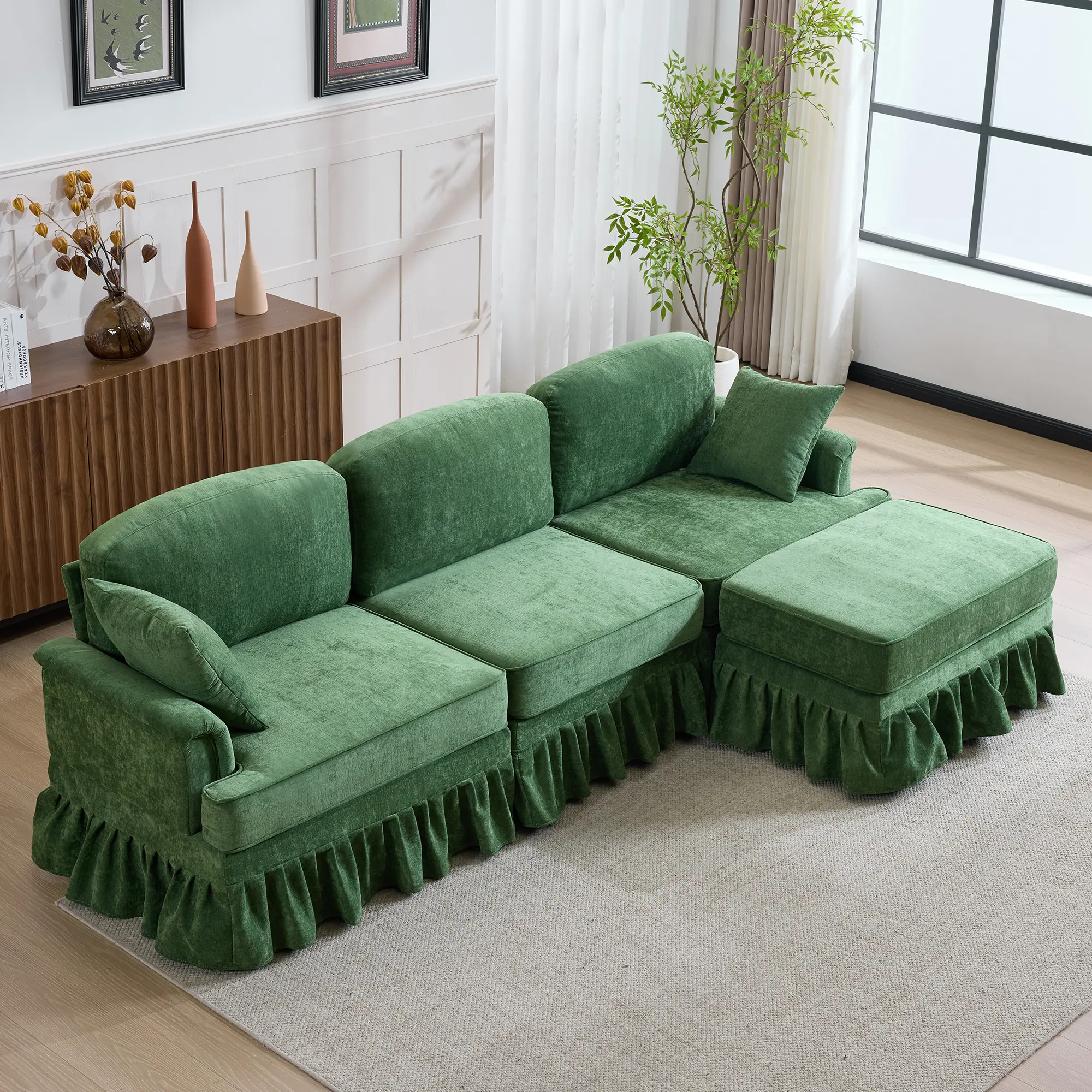 103.15in L-Shaped Chenille Mid-Century Classic Sofa - 3-Seat + Ottoman, Chenille Upholstery, Sturdy Solid Wood Frame, Removable Pleated Skirt, Flared Arms, Extra Deep Clean Look, Easy Setup for Family Spaces, Ideal for Stylish Seating Lovers