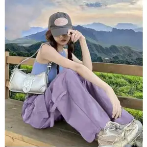 Purple parachute overalls women's 2026 new high-waisted loose casual mountain climbing straight ice silk quick-drying sweatpants