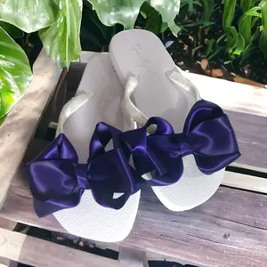 Purple Satin Bow Flip Flops on White Flat Heel , Bridal Bridesmaid Sandals, Destination Beach Flipflop