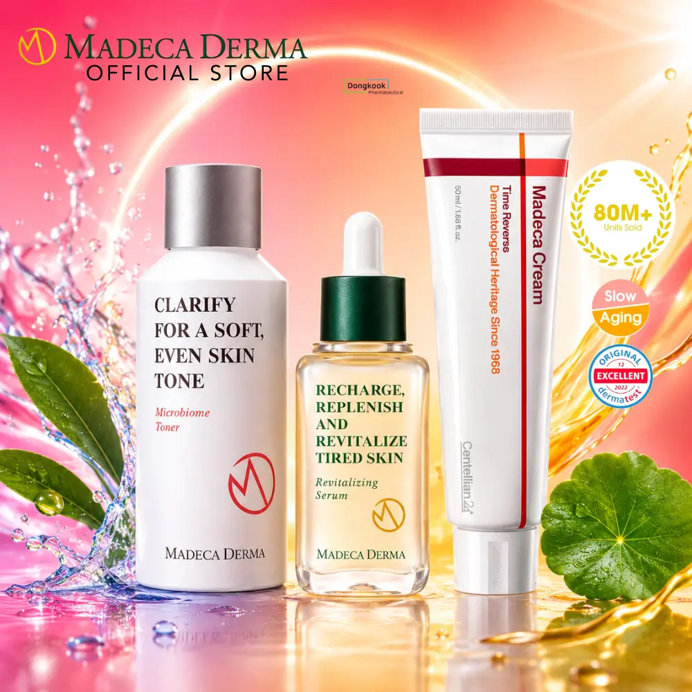MADECA Tone, Revitalize & Reverse Time K-Beauty Bundle - TECA, Microbiome Toner, Revitalizing Serum, & Anti-Aging Cream for Smoother Brighter Skin - Blend Niacinamide Hyaluronic Acid Korean  Peptide Skincare Kit