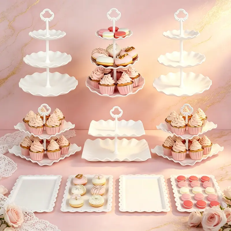 10 Pcs Sturdy Solid Dessert Display Set - 3-Tier Wavy Cupcake Serving Tower, 2-Layer Fruit Holder, 4 Cookie Holders, 3 Square 2-Tier Stands for Wedding, Baby Shower Decor (Rectangle, Round)