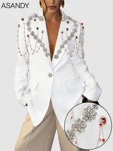 ASANDY Luxury Formal Blazer - Oversized Style with Dazzling Crystal Flower & Red Heart Rhinestone Chain Embellishments | Sparkly Tassel-Drop Decor, Perfect for Gala/Party/Red Carpet All-Season Glam Outfit Oversize