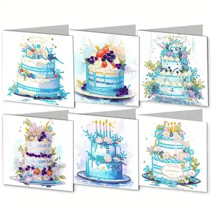 Birthday Cake Pattern DIY Diamond Arts Colorful Painting Greeting Card, 6 Counts/set DIY Diamond Arts Colorful Painting Greeting Card with Tools, Handmade Gift Card
