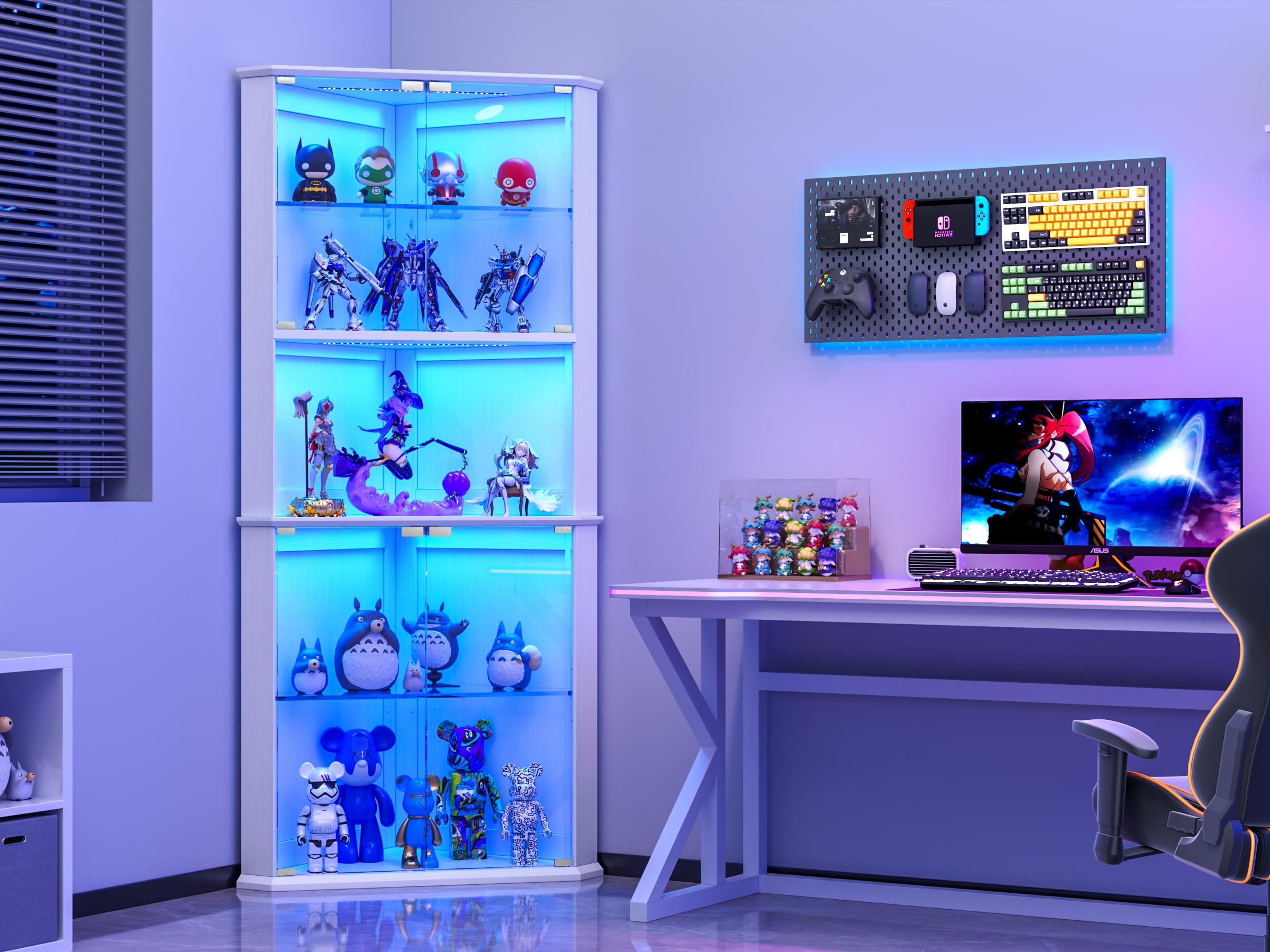 kepptory 71.8" Corner Display Cabinet with LED Lights, 6-Tier Tall Curio Cabinet with Adjustable Glass Shelves&Glass Door, Wine Cabinet for Living Room, Home Bar