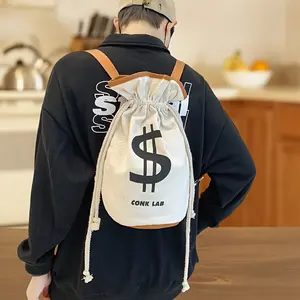 Canvas Backpack with Dollar Sign Drawstring Closure - Multifunctional Casual Money Bucket Purse for Women