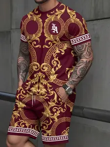 Men's Luxury LV-Inspired Monogram Print 2 Piece Tracksuit, Micro-Elastic Breathable Fabric, Greek Key Trim Tee & Shorts, Casual Streetwear For Men 18-45, Summer Daily/Outdoor Use, Lightweight Trendy, 2026 Viral High-End Matching Set
