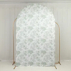 Spandex Fitted Chiara Backdrop Cover – French Toile Floral in Dusty Sage Green & White, Round Top Wedding Arch Slipcover 8ft