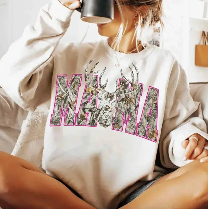 Camo Deer Mama Sweatshirt, Hunting Mom Graphic Crewneck, Pink Camo Buck Deer Western Sweatshirt, Country Hunter Mama Pullover, Cozy Unisex Hunting Sweatshirt