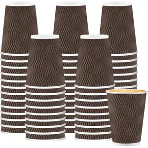 150 Pack 12 oz Coffee Cups, Disposable Insulated Corrugated Ripple Wall Paper Coffee Cups, Hot Cold Drinking Cups for Office, Home, Party, Cafe, Travel (Brown)