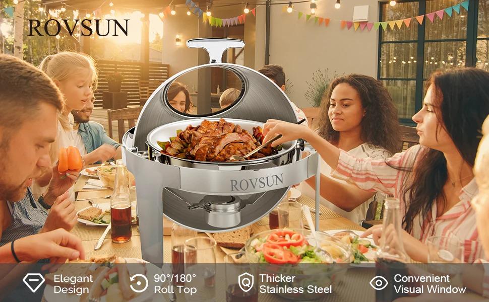 [TOP RATED - FLASH SALE] ROVSUN 6 QT Roll Top Round Silver Chafing Dish Buffet Set with Visible Window