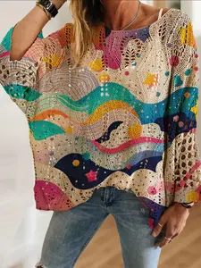 Elegant Women's Wave Stripe Polka Dot Star Print Long Sleeve Knit Top, Casual Vacation Style, Breathable Batwing Shoulder Design, Womenswear