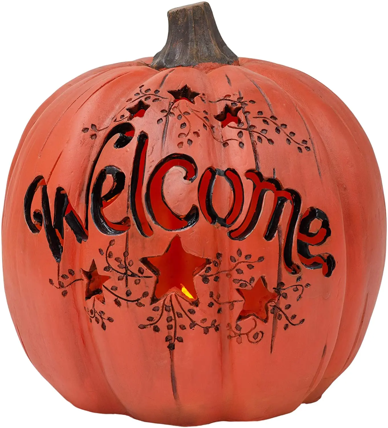 LED Pumpkin Harvest Collectible Figurine, 7 x 7 Inch Orange Resin Stone Autumn Decoration, Lighted Fall Pumpkin Tabletop Accent, Thanksgiving Centerpiece Decor, Rustic Seasonal Home Display for Mantel, Shelf & Entryway