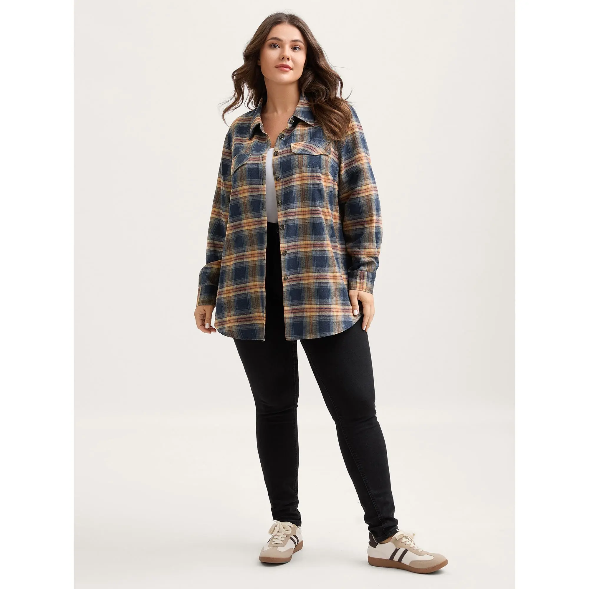 BLOOMCHIC Women's Plus Size Long Sleeve Plaid Cuffed Button-Down Blouse Tunic [M-6X] - Polyester Blend Wardrobe Staples, Smooth Breathable Fabric, 2026 Summer Casual Loosey Goosey Fit, Adjustable Sleeves, Chic Curves, Effortless Chic Everyday Shirt, Regul