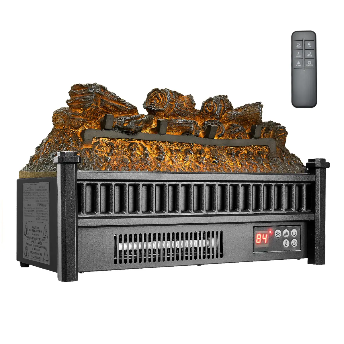 20 In Adjustable Luminous Infrared Electric Fireplace Log Heater - ABS Body, Remote Control, 5 Flame Brightness Levels, Built-In Timer, Fast Heating for Home Use