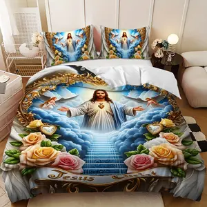Bedding 3-piece set - 3PCS,Spring Joyful Jesus Rose Cross Design Down Comforter Set (1 comforter cover + 2 pillowcases, filling not included) - soft and comfortable, suitable for family bedrooms.
